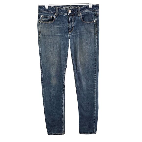 Womens American Eagle Skinny Denim Blue Jeans Med Wash Mid Rise Stretch Size 8 - Picture 1 of 10